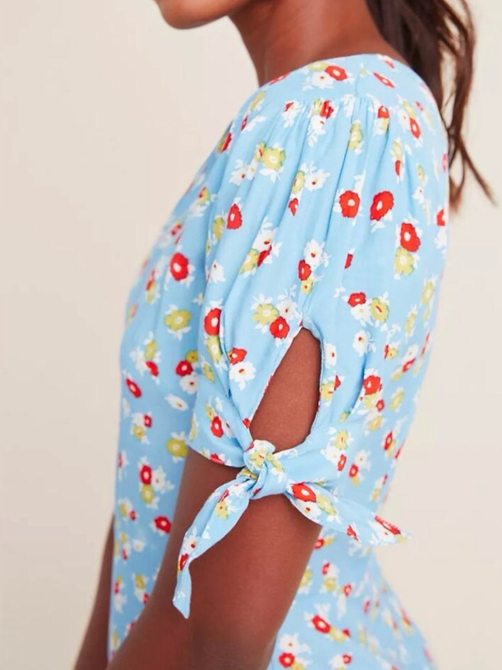 Faithfull the Brand Light Blue Floral Midi Dress with Red Accents - Picture 2 of 8